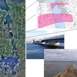 图:罗斯基尔峡湾在丹麦,Zeeland岛和新链接的可能走廊看法。照片插入件在提出的走廊中显示视图,沿着现有桥梁,另一个南方。